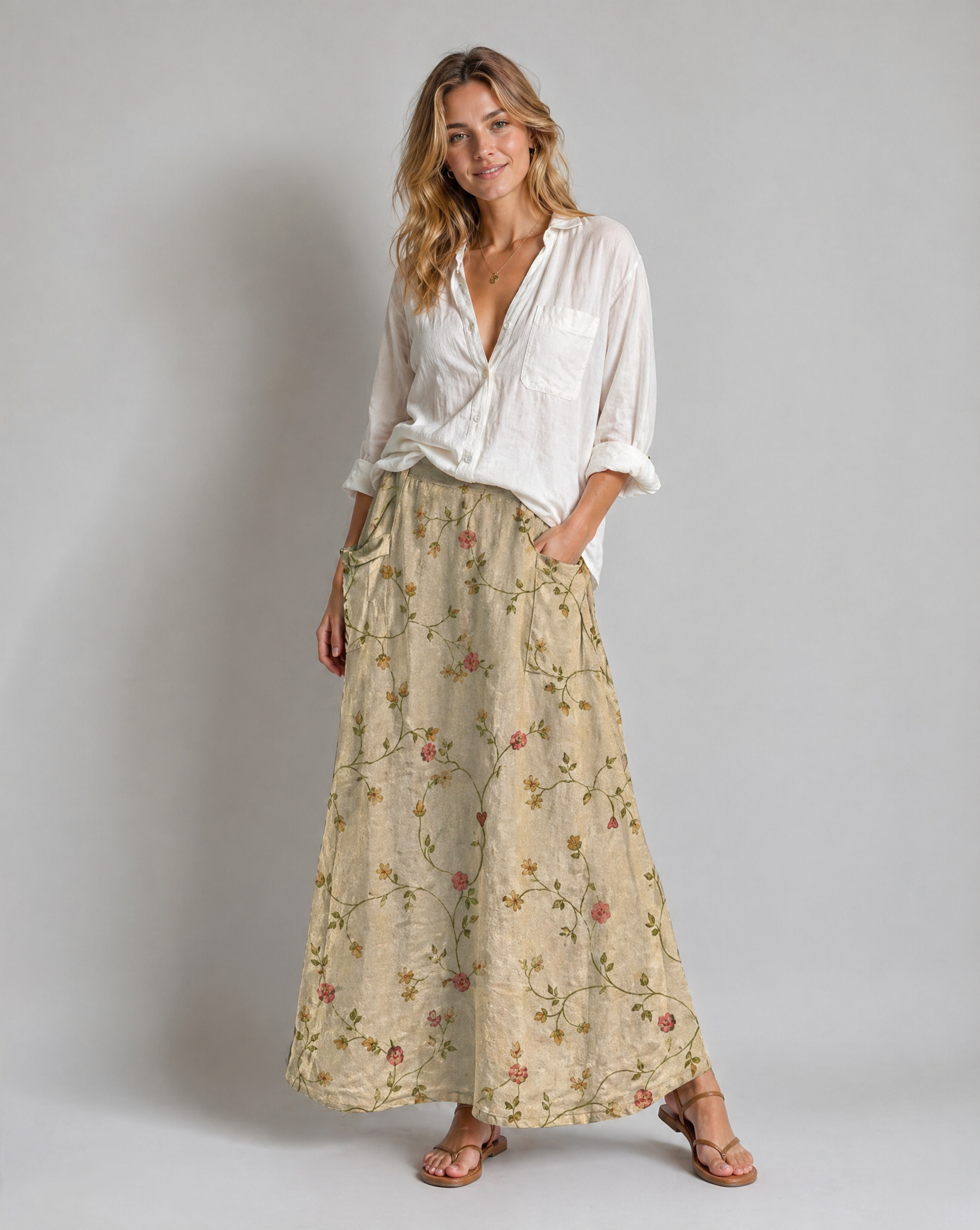 Retro Floral Print Beige A-Line Pocket Skirt