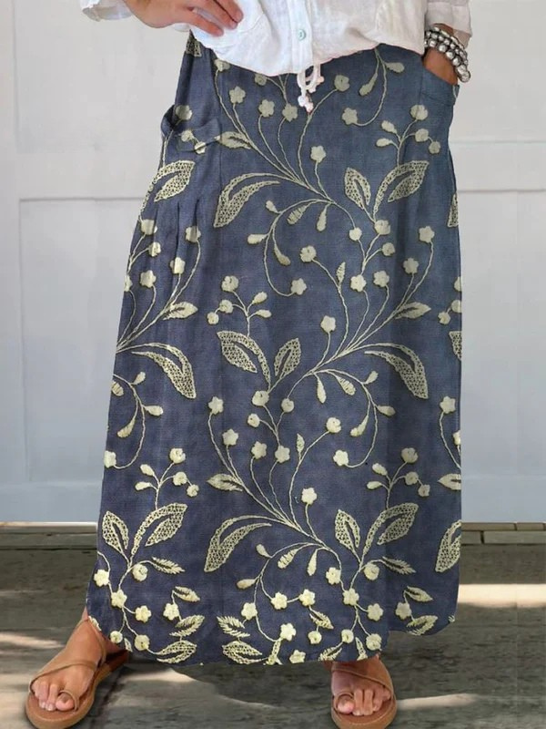 Retro Floral Print Elastic Waist Pocket Skirt — detail view