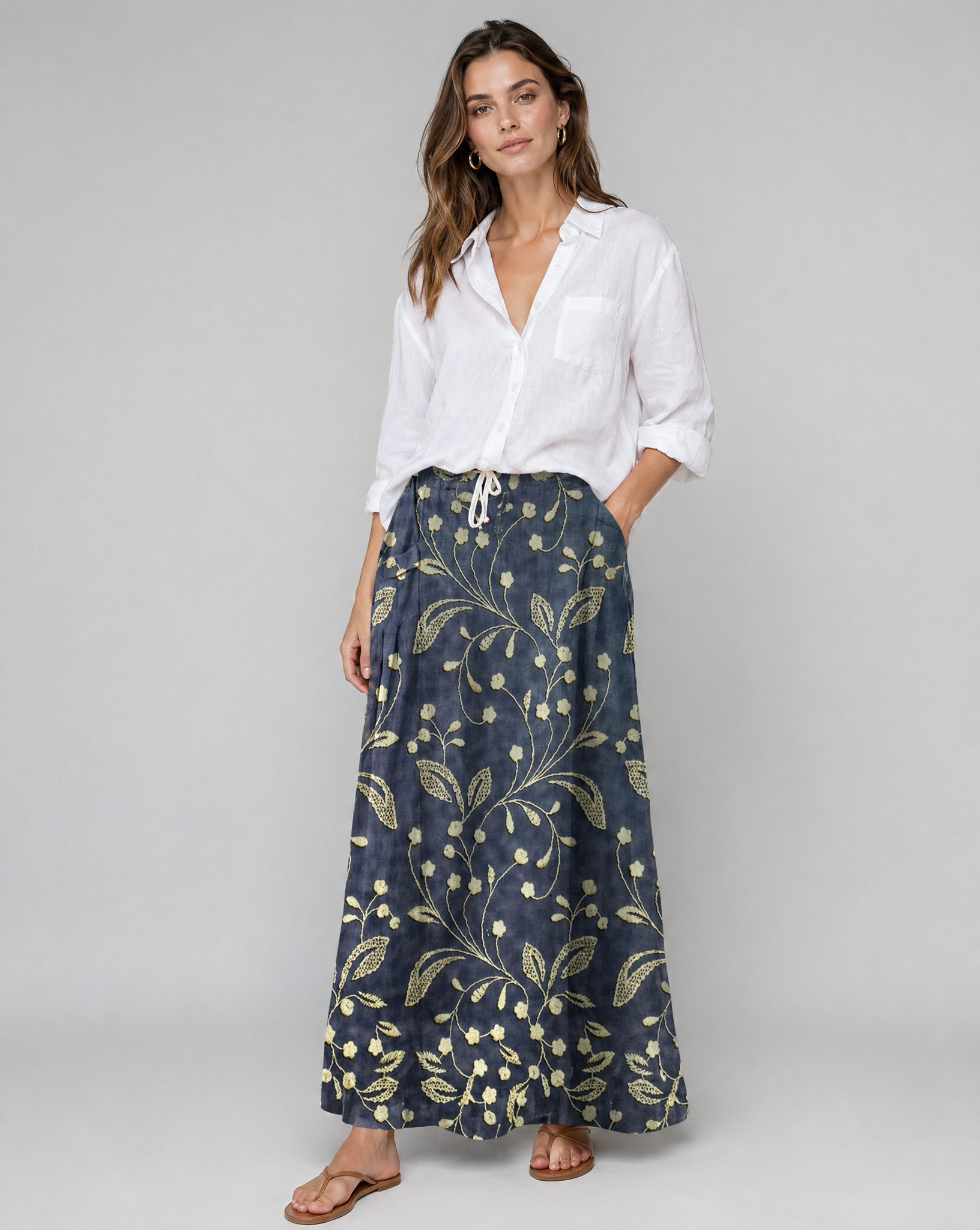 Retro Floral Print Elastic Waist Pocket Skirt — side view