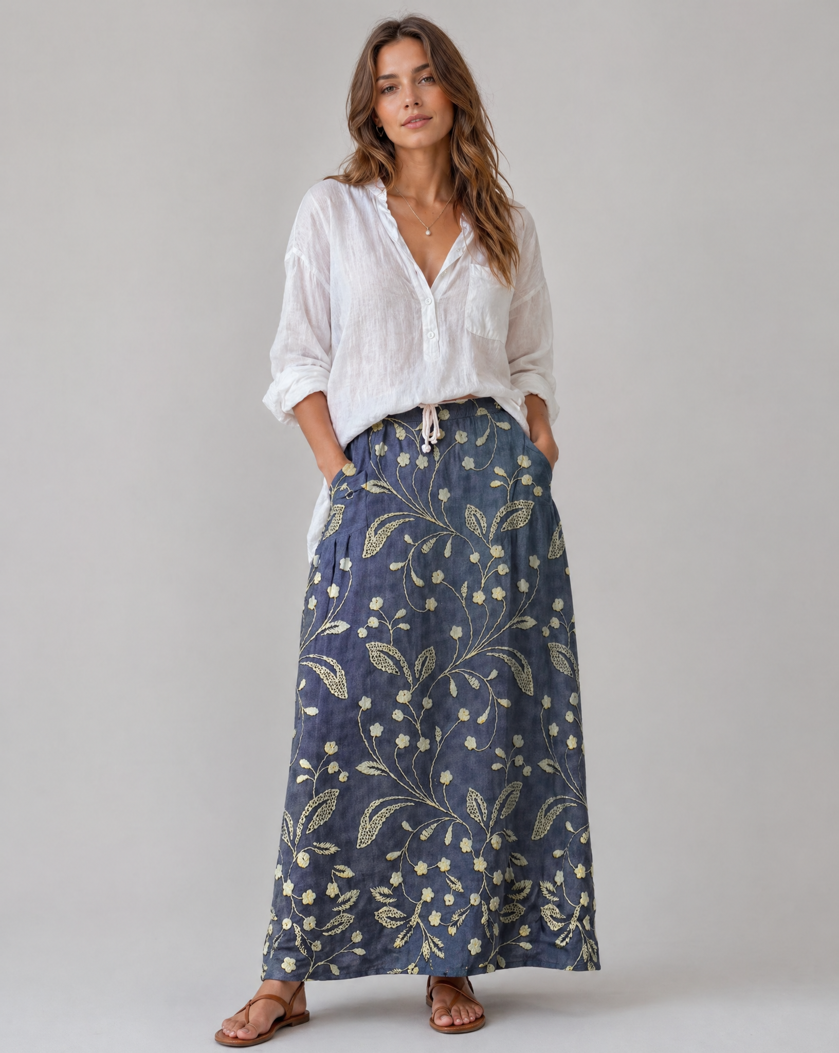 Retro Floral Print Elastic Waist Pocket Skirt