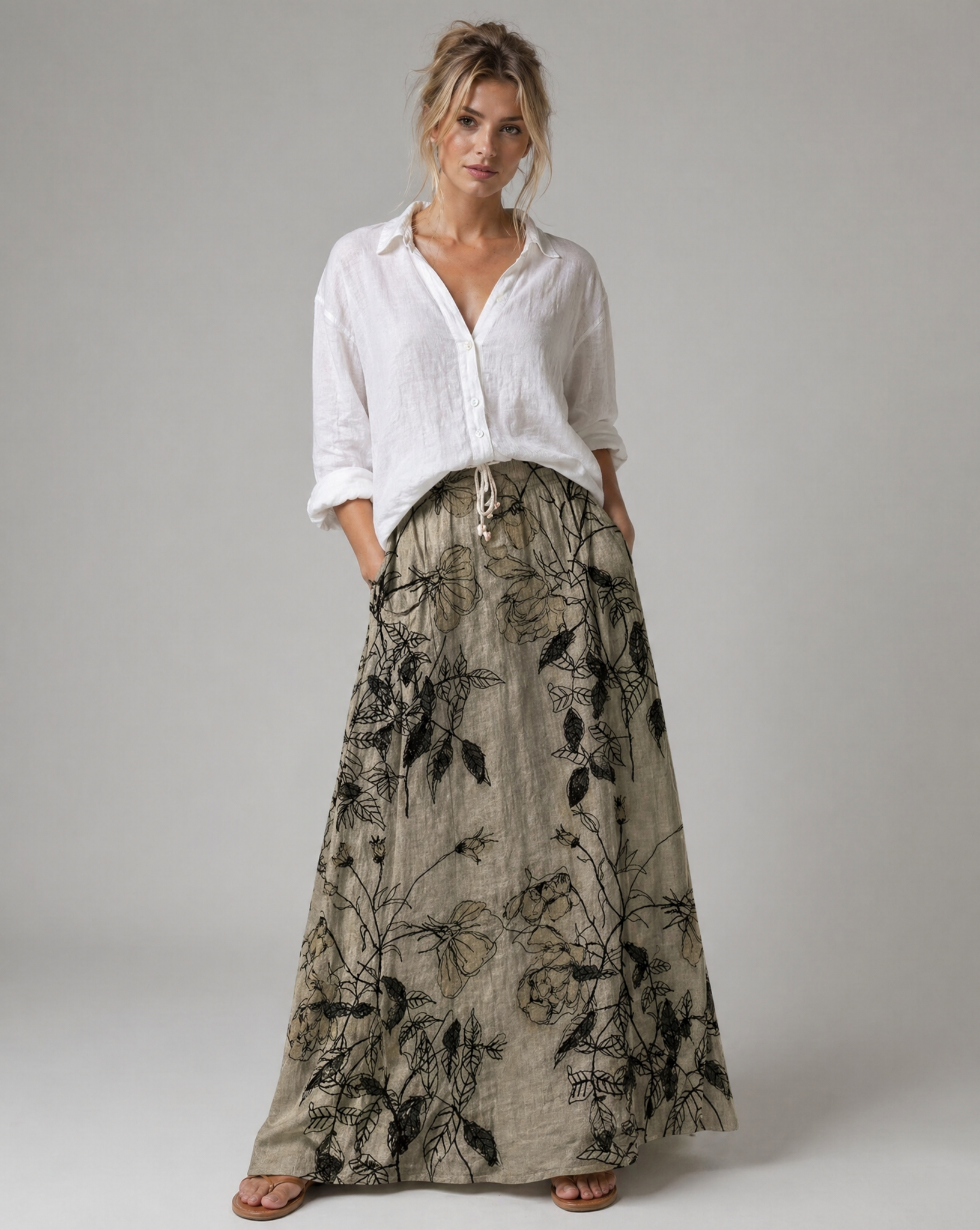 Retro Floral Print Khaki Pocket Skirt with Elastic Waist — back view