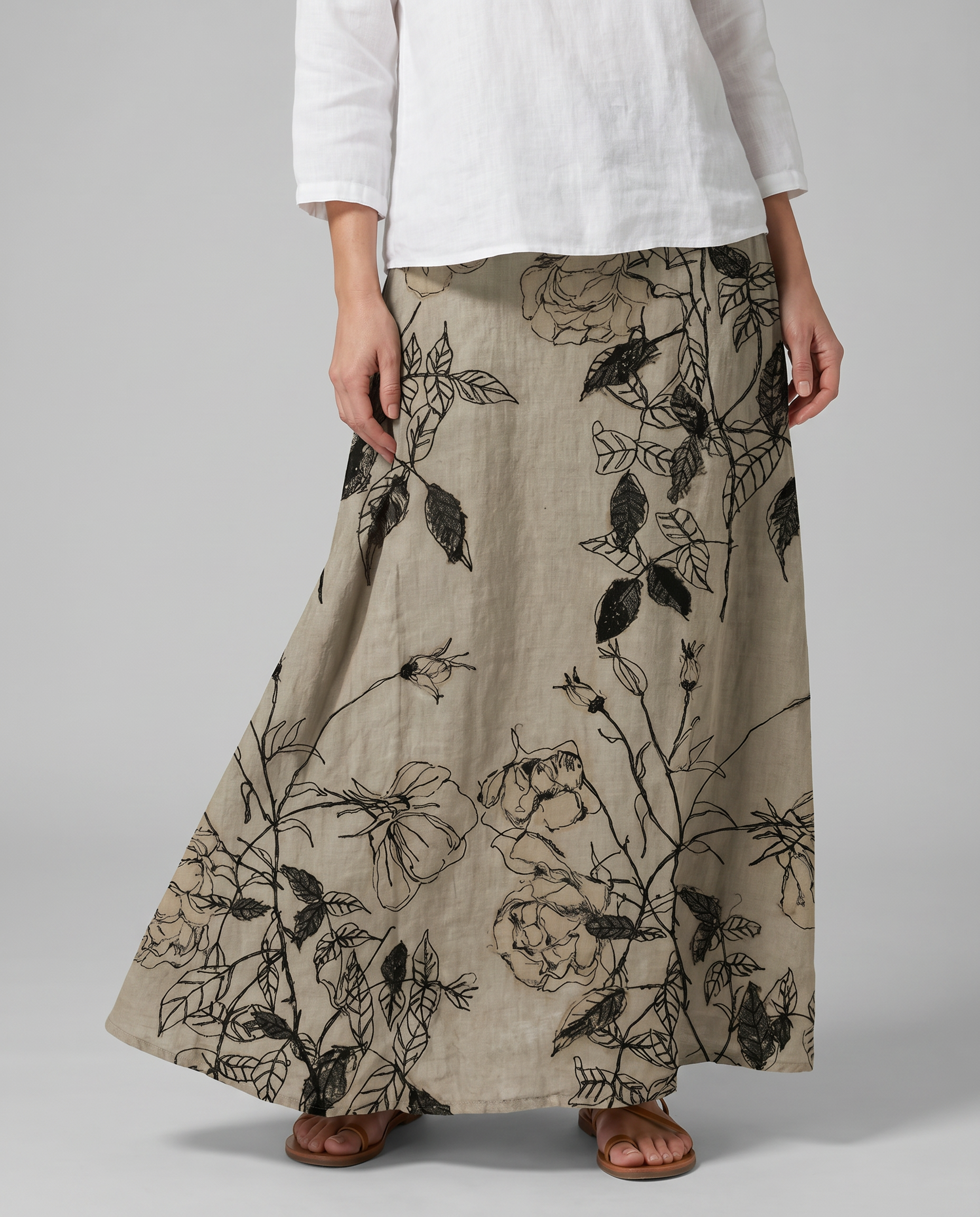 Retro Floral Print Khaki Pocket Skirt with Elastic Waist — detail view