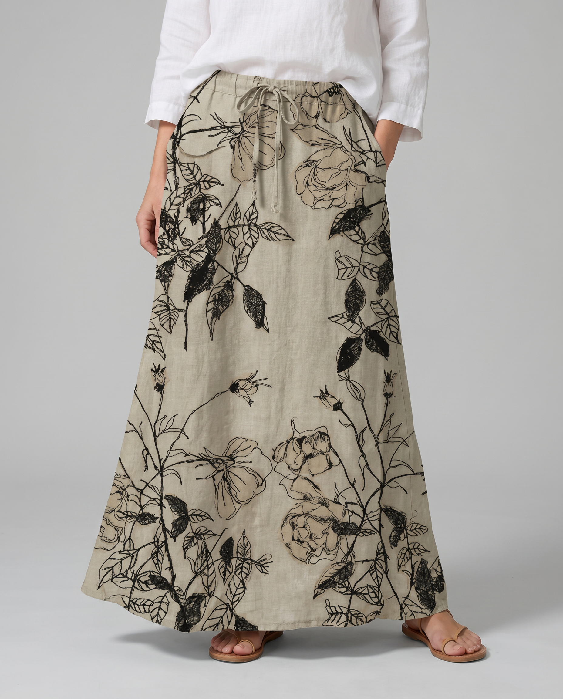 Retro Floral Print Khaki Pocket Skirt with Elastic Waist — model wearing