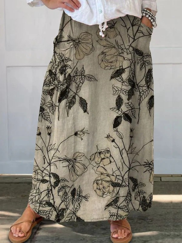 Retro Floral Print Khaki Pocket Skirt with Elastic Waist — side view