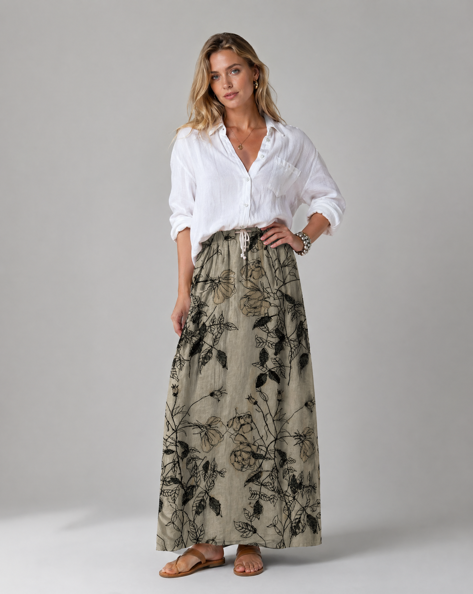 Retro Floral Print Khaki Pocket Skirt with Elastic Waist