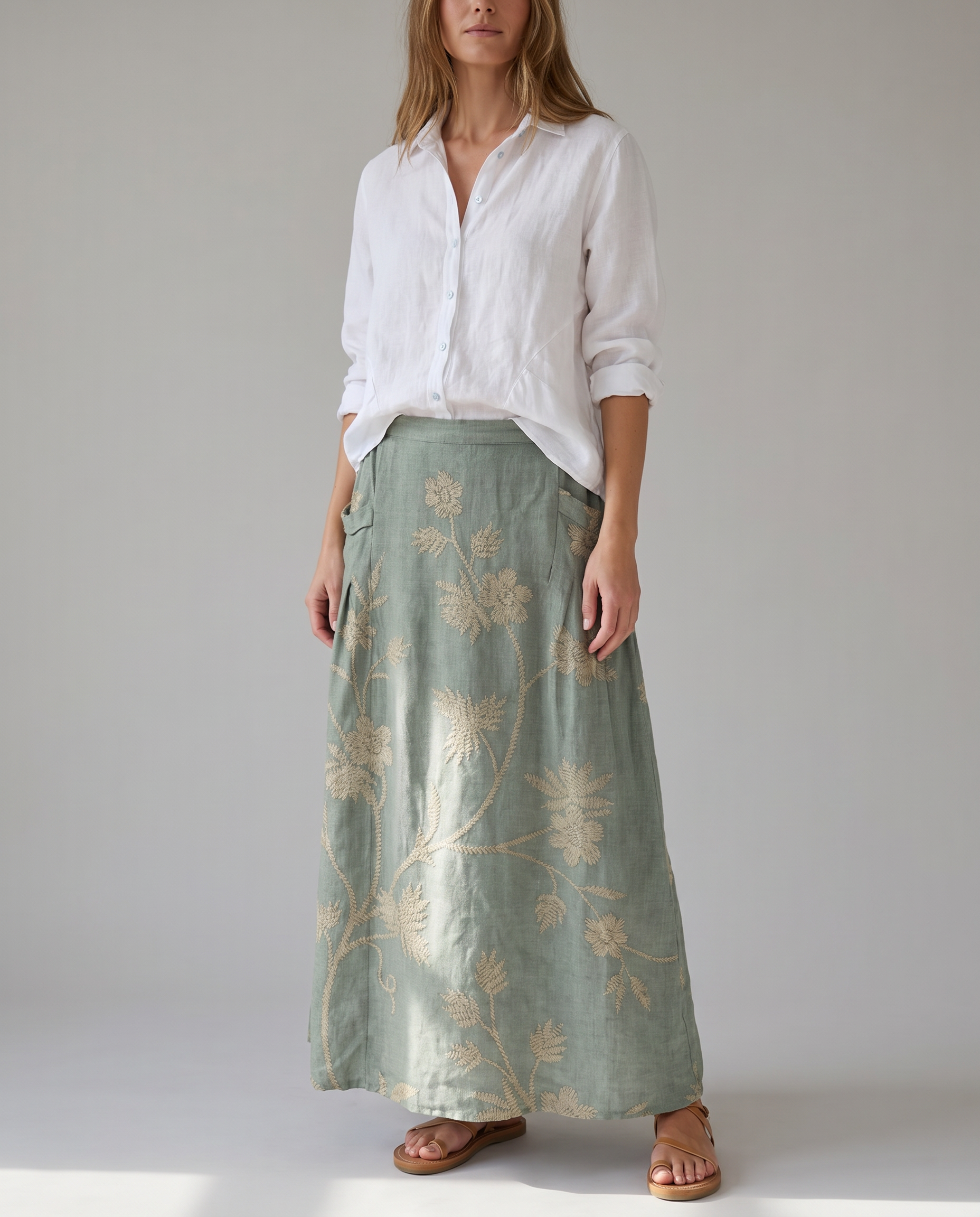 Retro Floral Print Light Gray Pocket Skirt — side view
