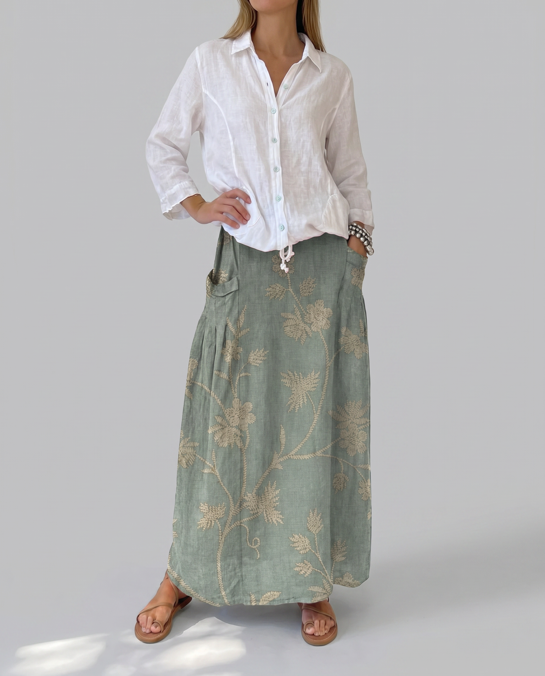 Retro Floral Print Light Gray Pocket Skirt
