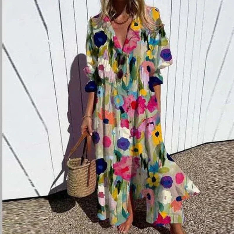 Retro Geometry A-Line Dress – Vintage Puff Sleeve Design for Chic Summer Outings — alternative angle