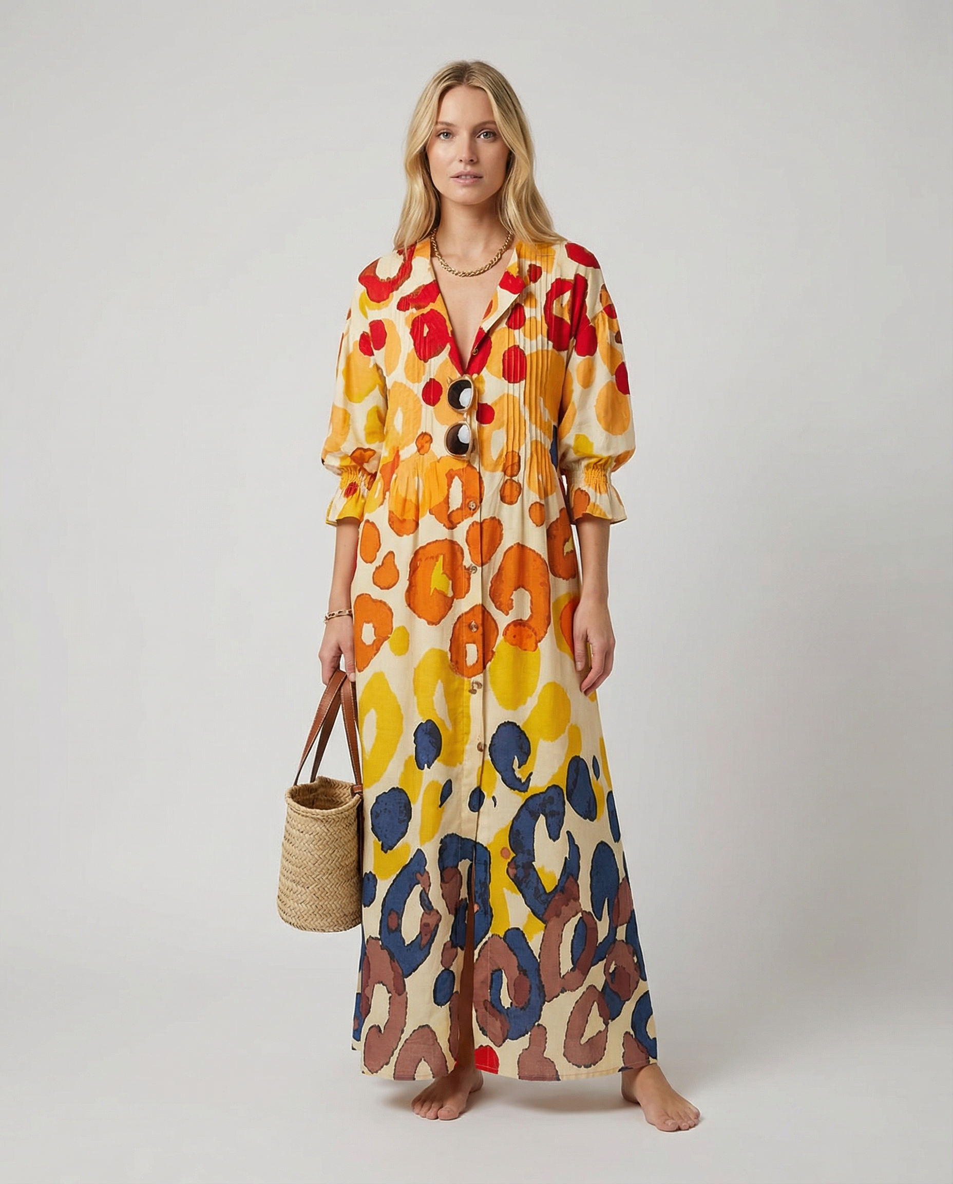 Retro Geometry A-Line Dress – Vintage Puff Sleeve Design for Chic Summer Outings — back view