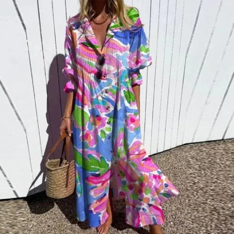 Retro Geometry A-Line Dress – Vintage Puff Sleeve Design for Chic Summer Outings — close-up