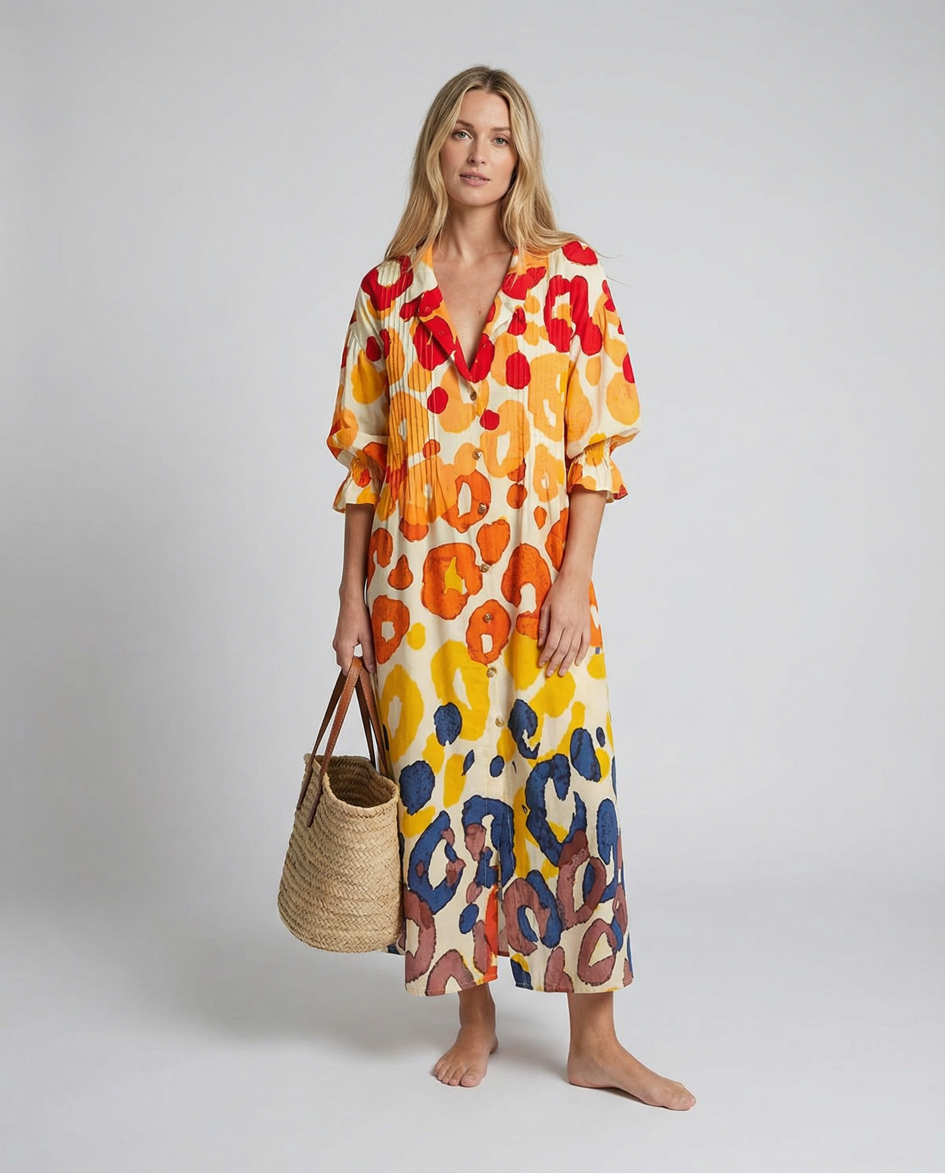 Retro Geometry A-Line Dress – Vintage Puff Sleeve Design for Chic Summer Outings — detail view