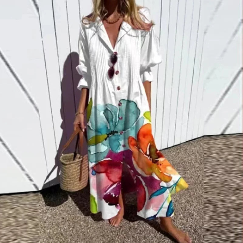 Retro Geometry A-Line Dress – Vintage Puff Sleeve Design for Chic Summer Outings — fabric detail