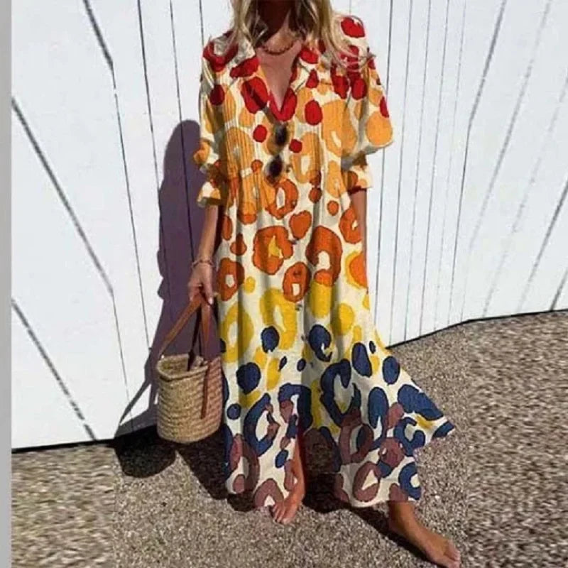 Retro Geometry A-Line Dress – Vintage Puff Sleeve Design for Chic Summer Outings — model wearing