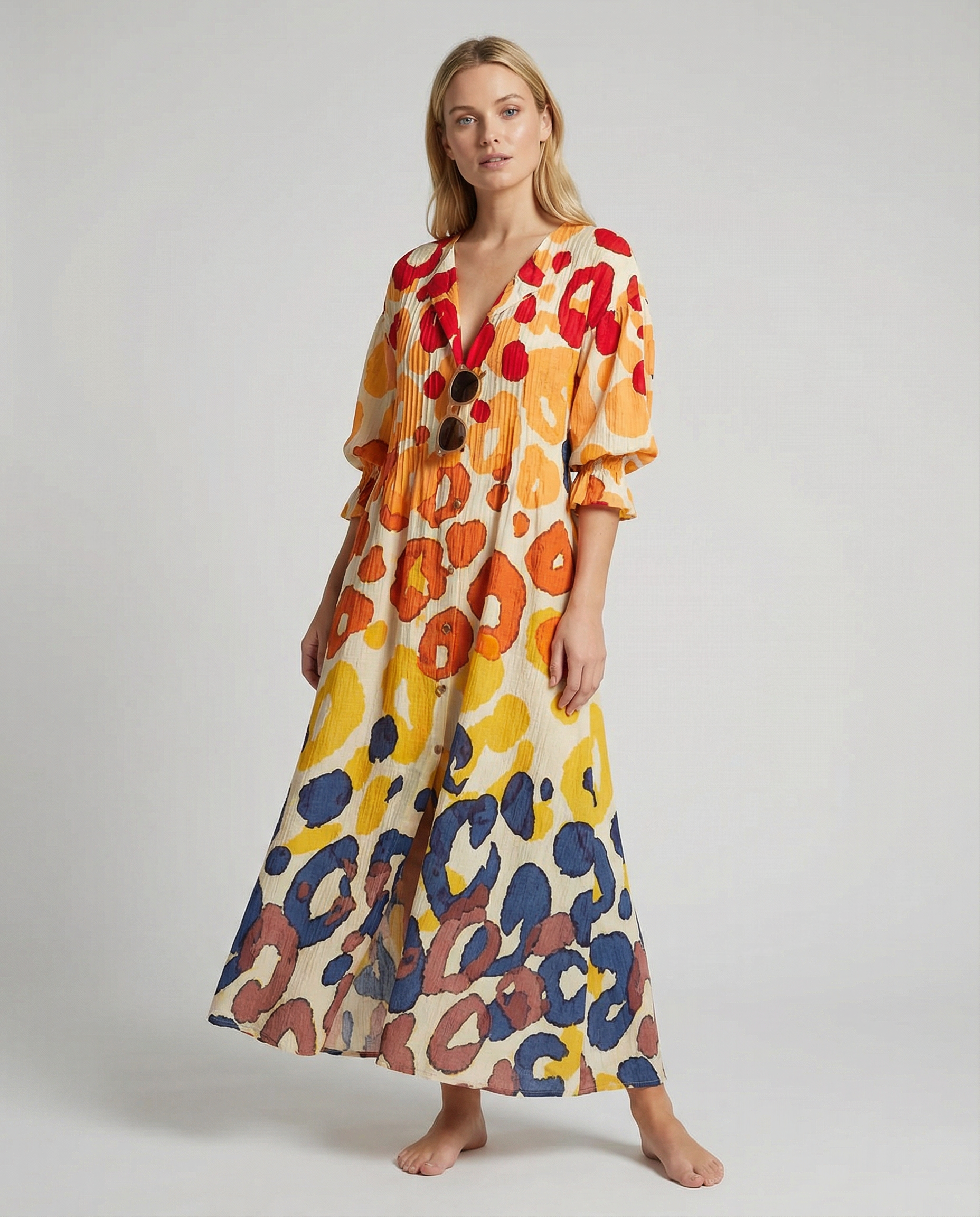 Retro Geometry A-Line Dress – Vintage Puff Sleeve Design for Chic Summer Outings — side view