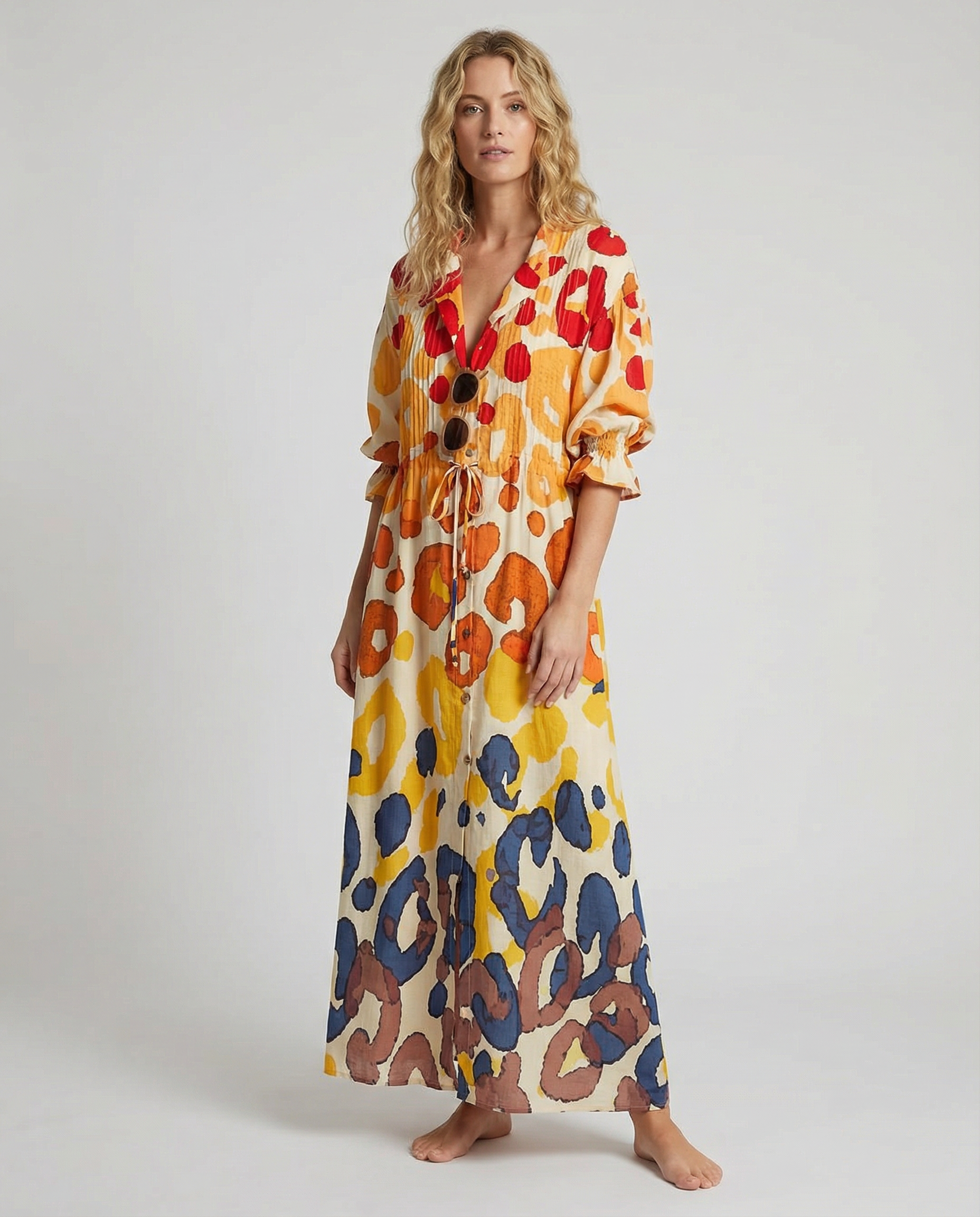 Retro Geometry A-Line Dress – Vintage Puff Sleeve Design for Chic Summer Outings