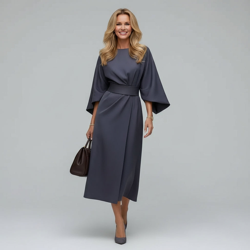 Round Neck Wide Sleeve Belted Flowing Midi Dress for Women