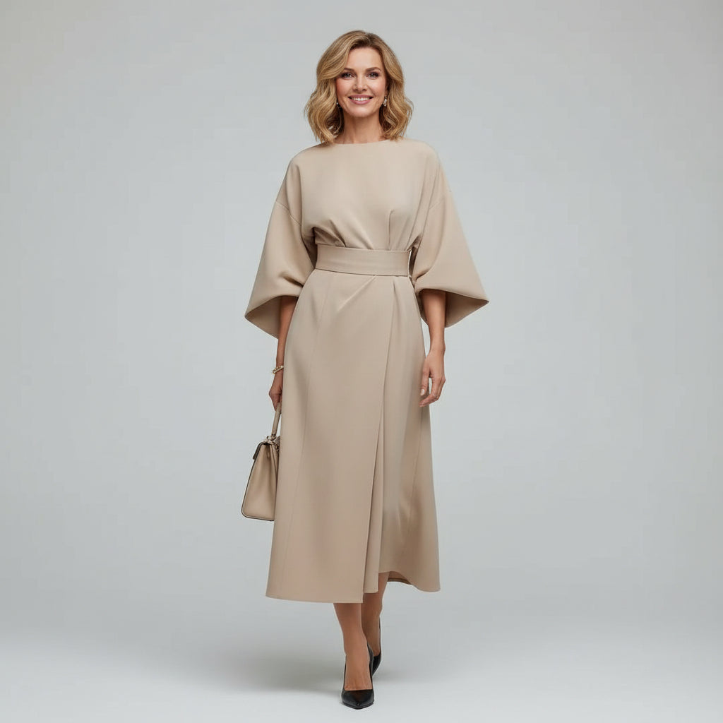 Round Neck Wide Sleeve Belted Flowing Midi Dress for Women