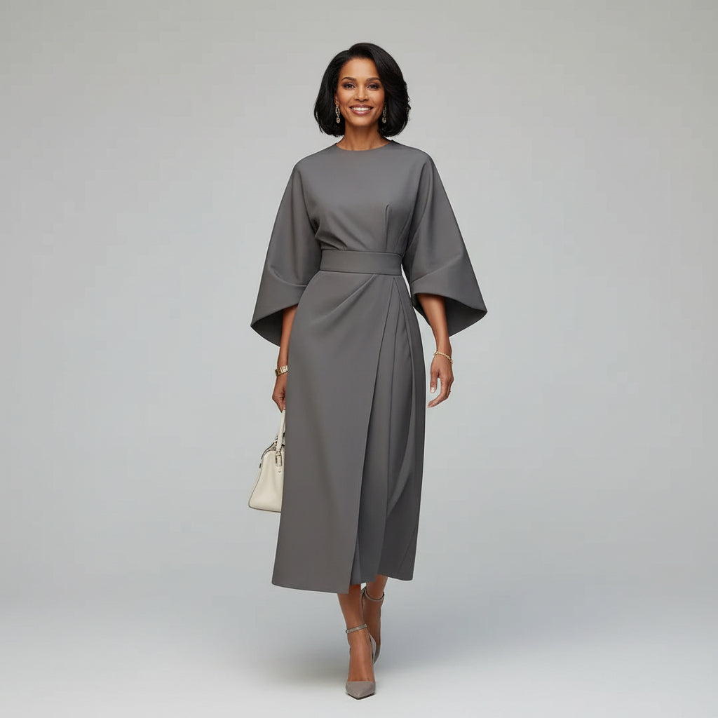 Round Neck Wide Sleeve Belted Flowing Midi Dress for Women
