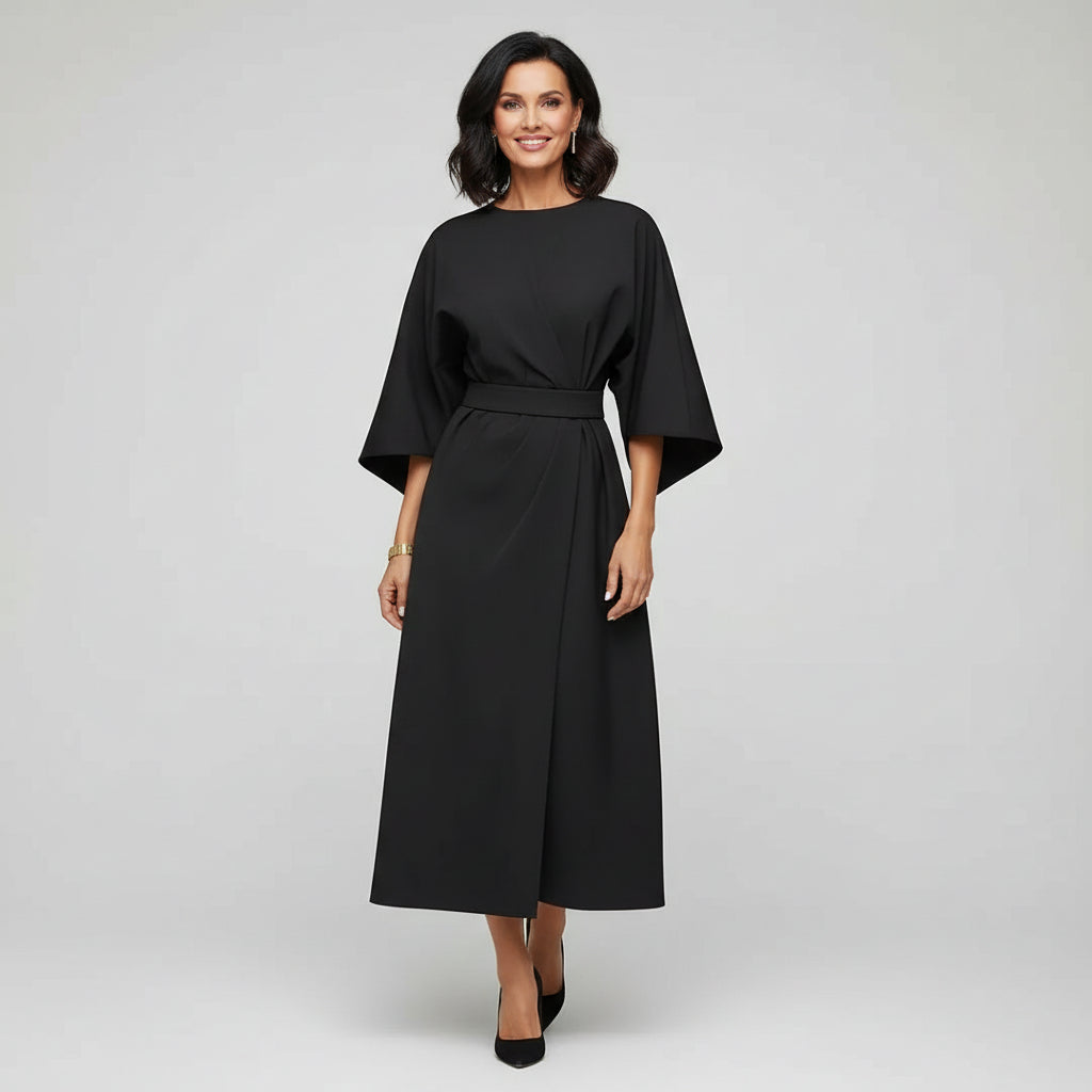 Round Neck Wide Sleeve Belted Flowing Midi Dress for Women