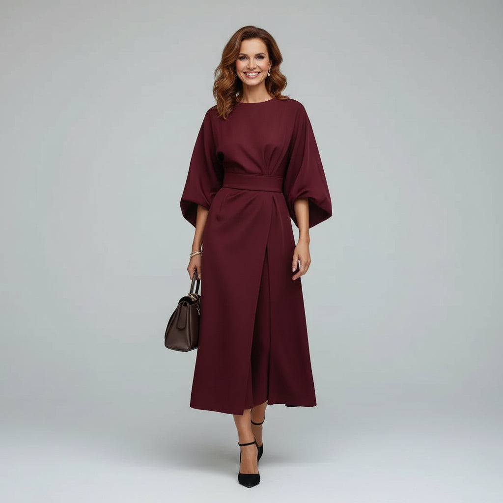 Round Neck Wide Sleeve Belted Flowing Midi Dress for Women