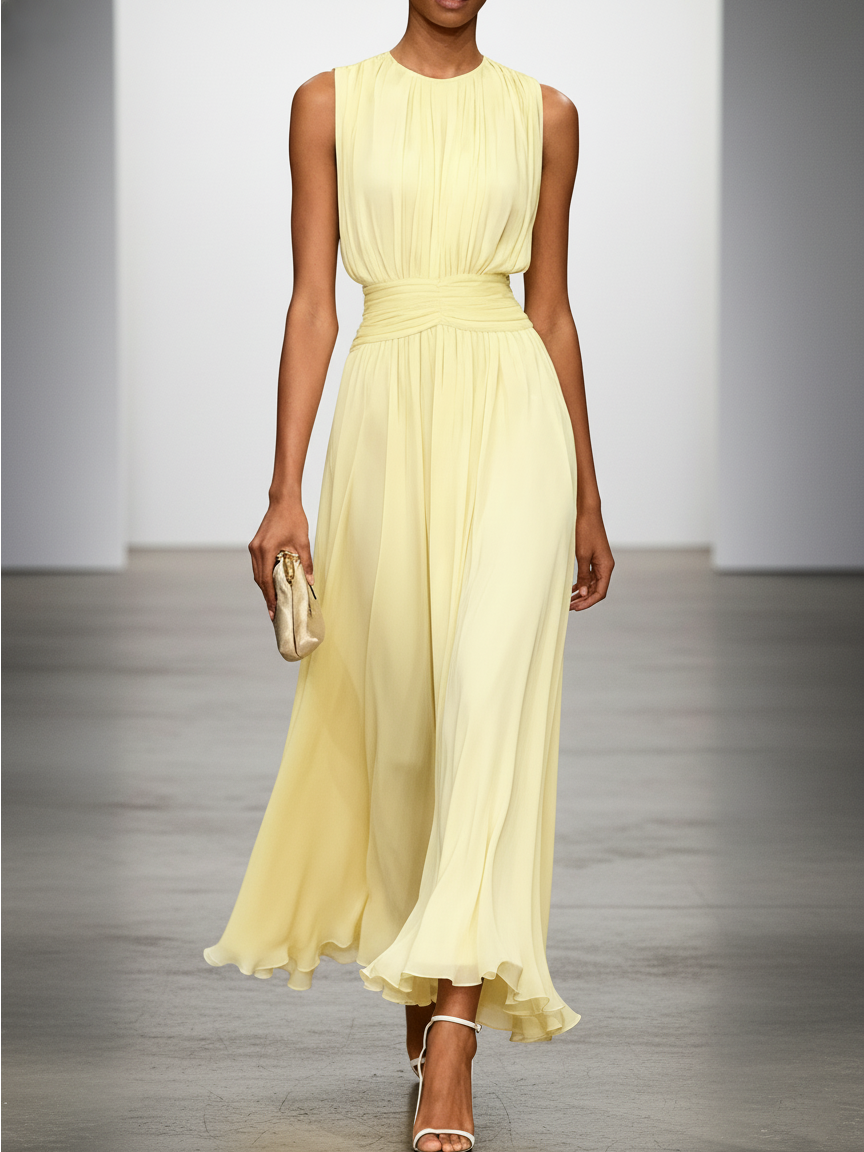 Ruched Chiffon Crew Neck Sleeveless A-Line Maxi Dress for Women