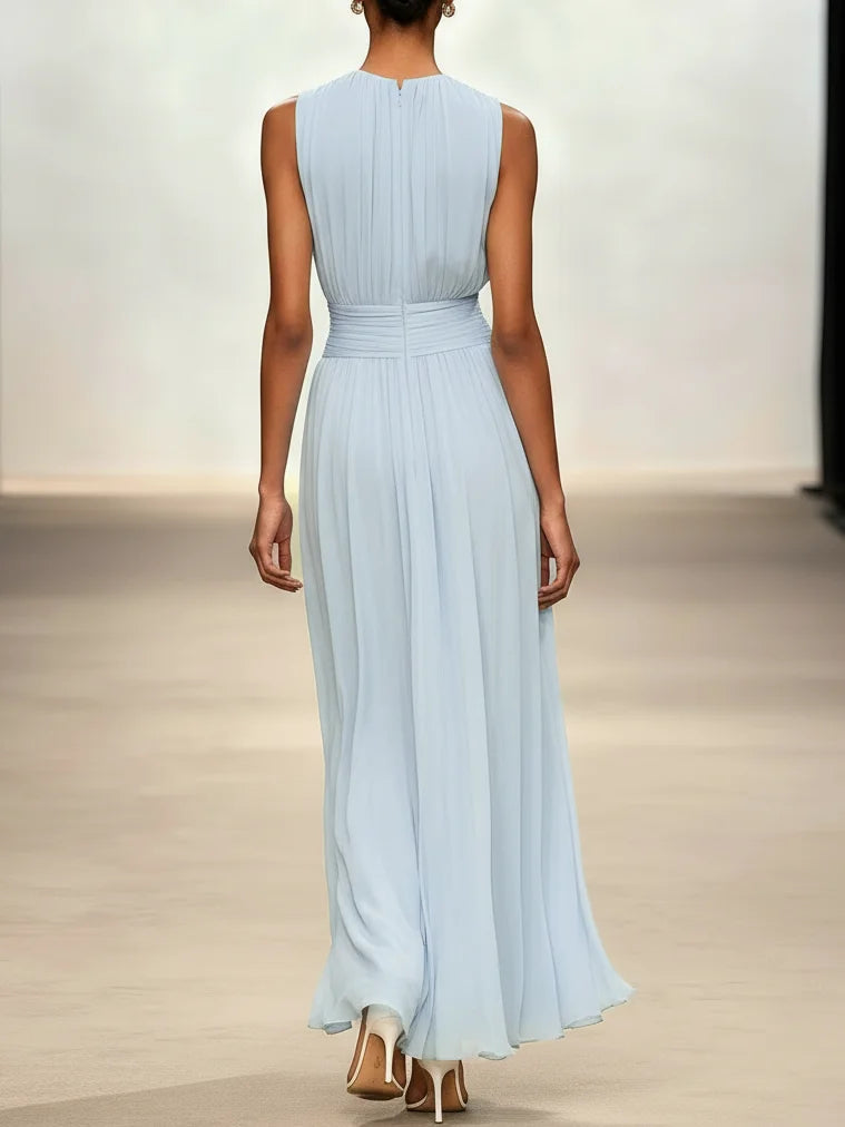 Ruched Chiffon Crew Neck Sleeveless A-Line Maxi Dress for Women