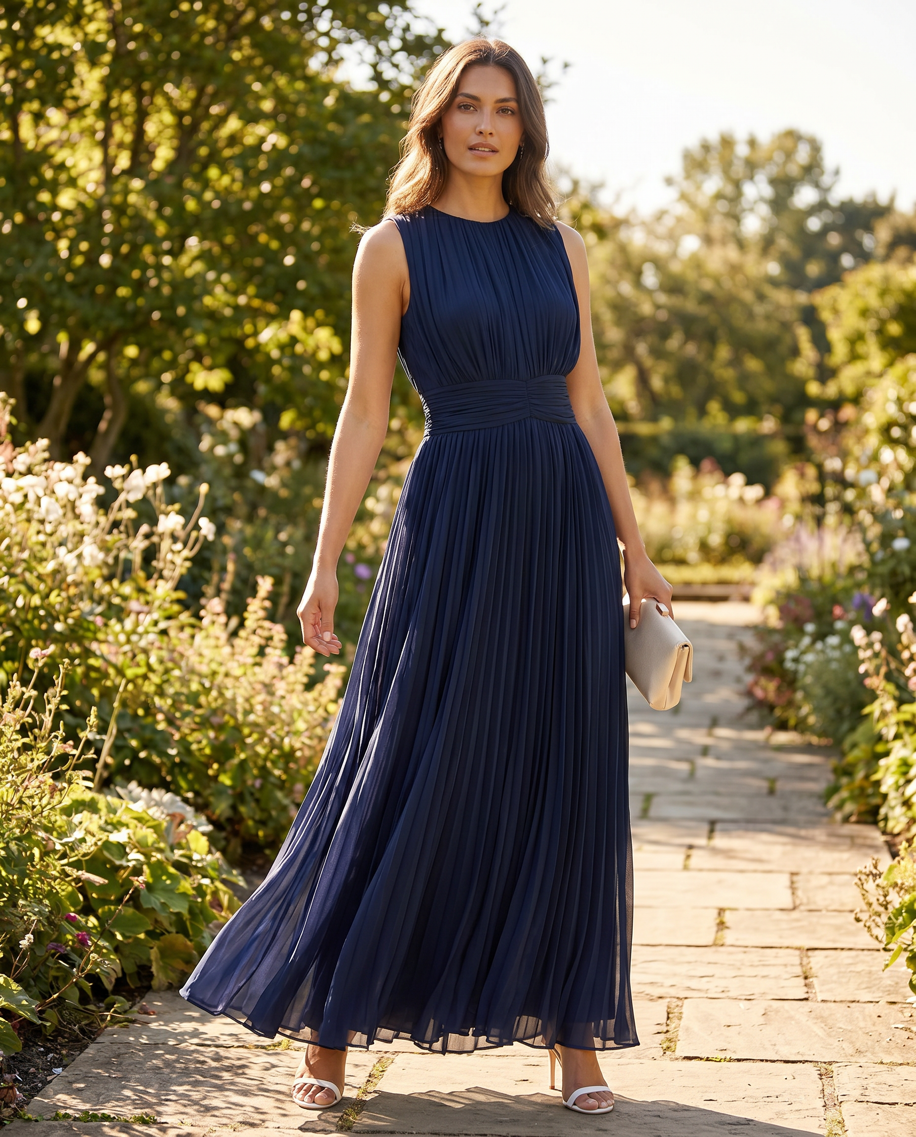 Ruched Chiffon Crew Neck Sleeveless A-Line Maxi Dress for Women — detail view