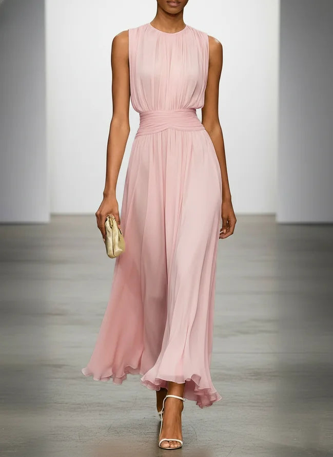 Ruched Chiffon Crew Neck Sleeveless A-Line Maxi Dress for Women