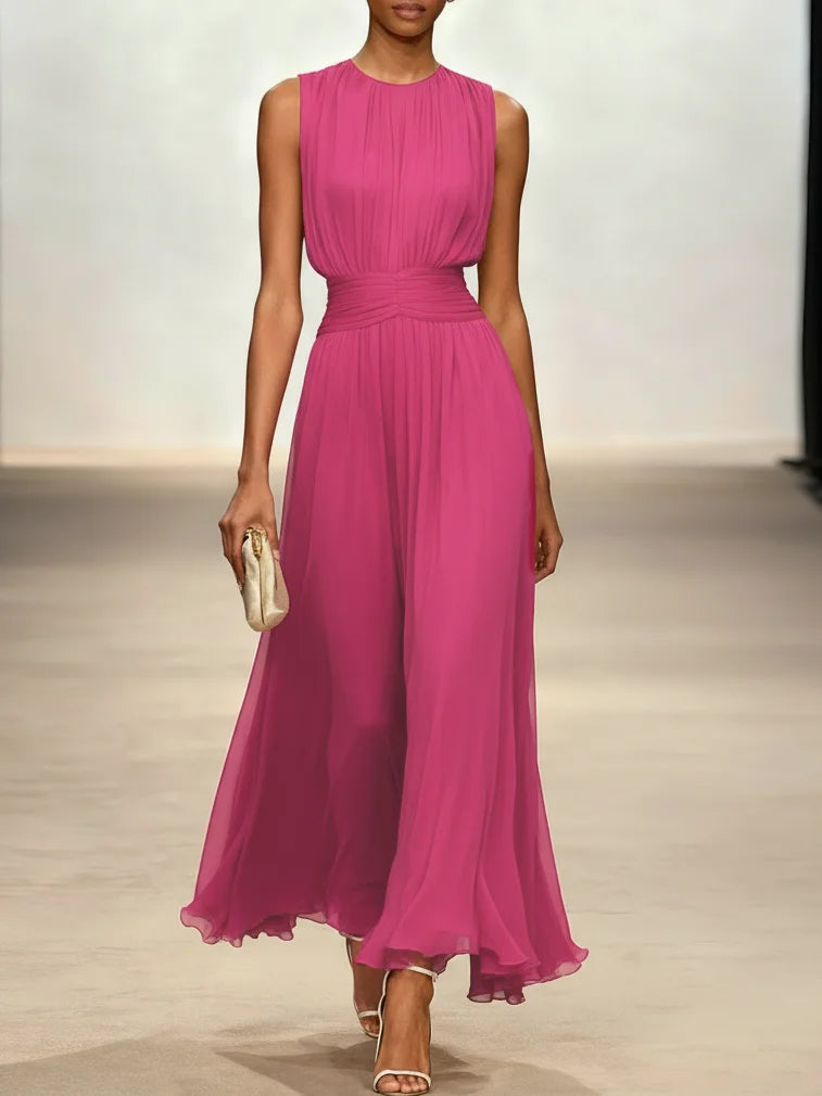 Ruched Chiffon Crew Neck Sleeveless A-Line Maxi Dress for Women