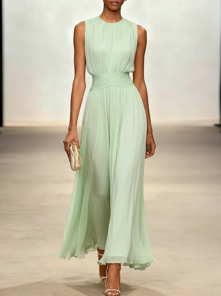Ruched Chiffon Crew Neck Sleeveless A-Line Maxi Dress for Women