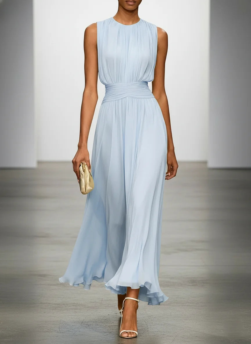 Ruched Chiffon Crew Neck Sleeveless A-Line Maxi Dress for Women
