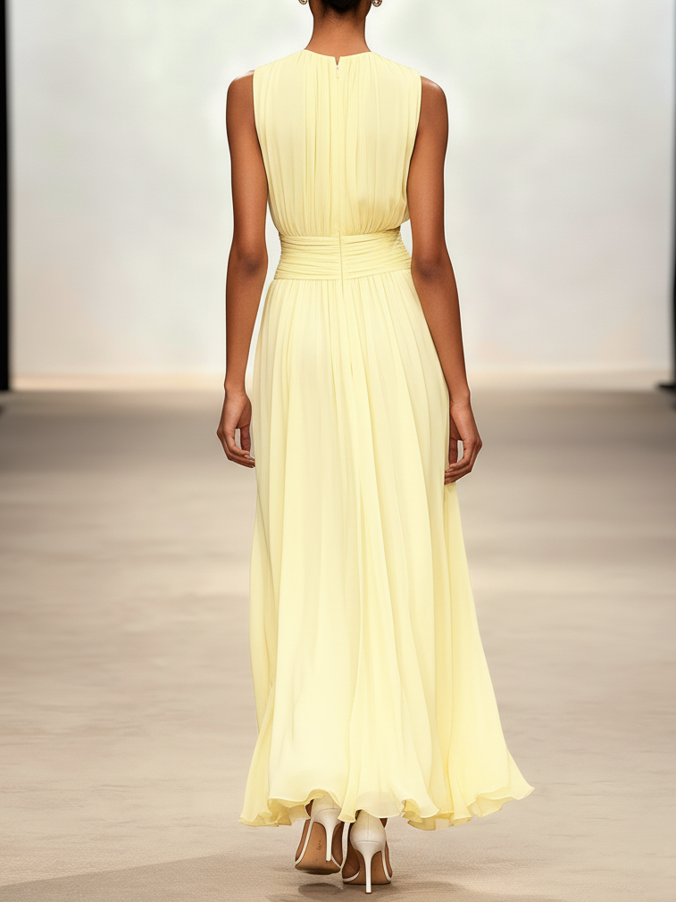 Ruched Chiffon Crew Neck Sleeveless A-Line Maxi Dress for Women