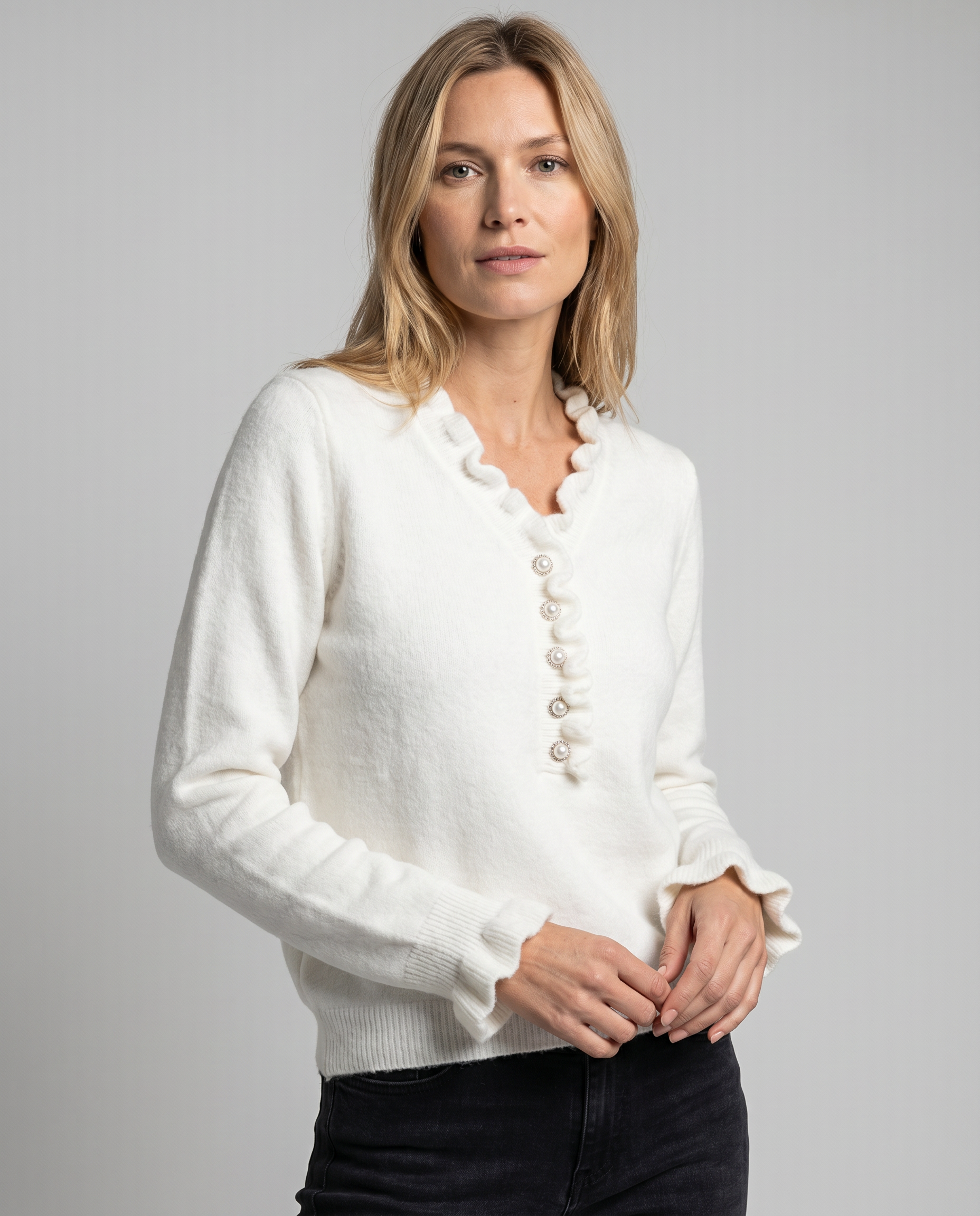 Ruffle Detail Blouse with Decorative Button Front — back view