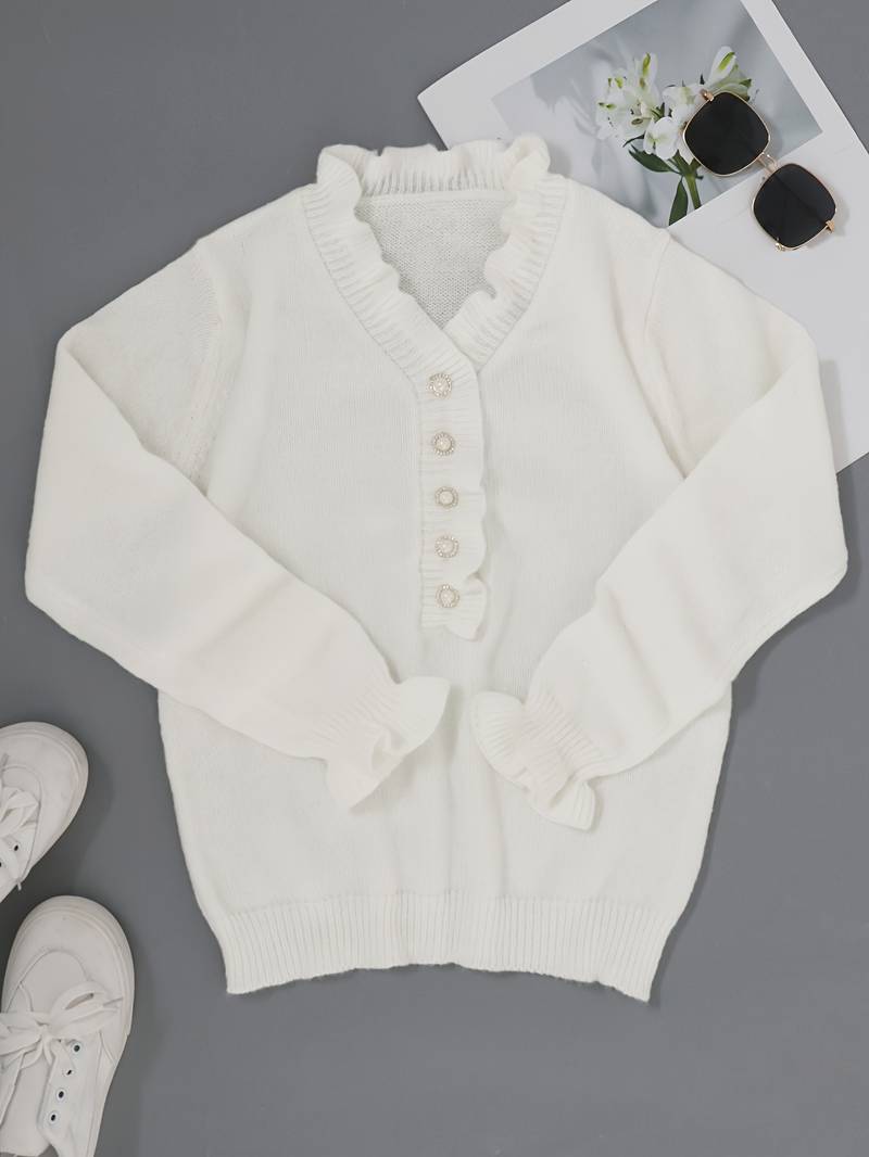 Ruffle Detail Blouse with Decorative Button Front — close-up