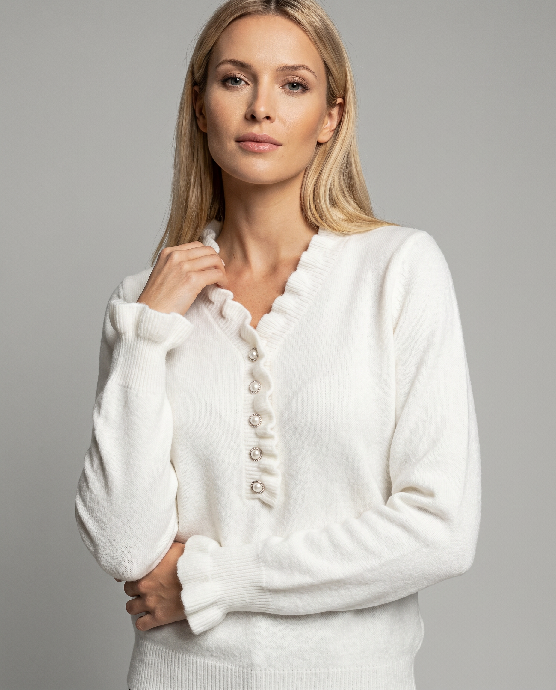 Ruffle Detail Blouse with Decorative Button Front