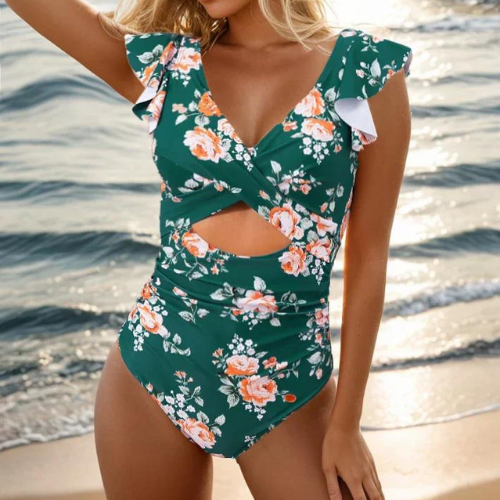 Ruffle V-Neck Twist Cutout Colour-Block One-Piece Swimsuit
