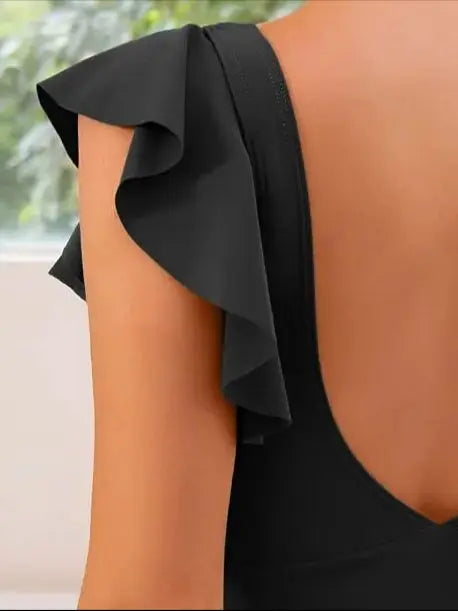 Ruffle V-Neck Twist Cutout Colour-Block One-Piece Swimsuit