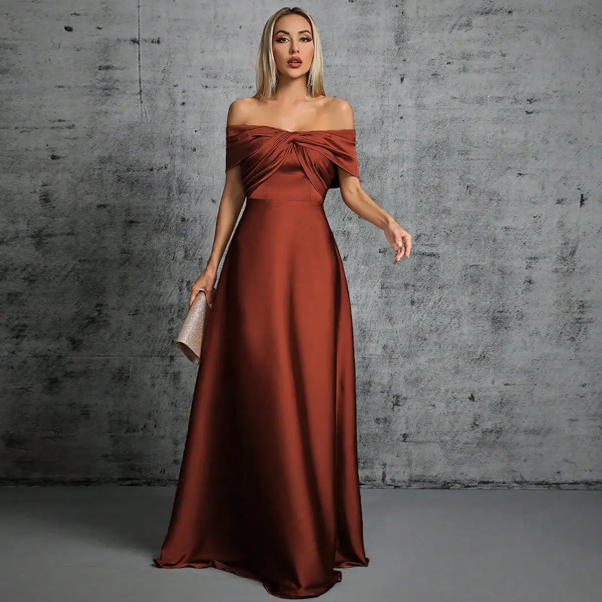 Satin Ball Gown – Irregular Cross Pleated Elegant Evening Dress — alternative angle
