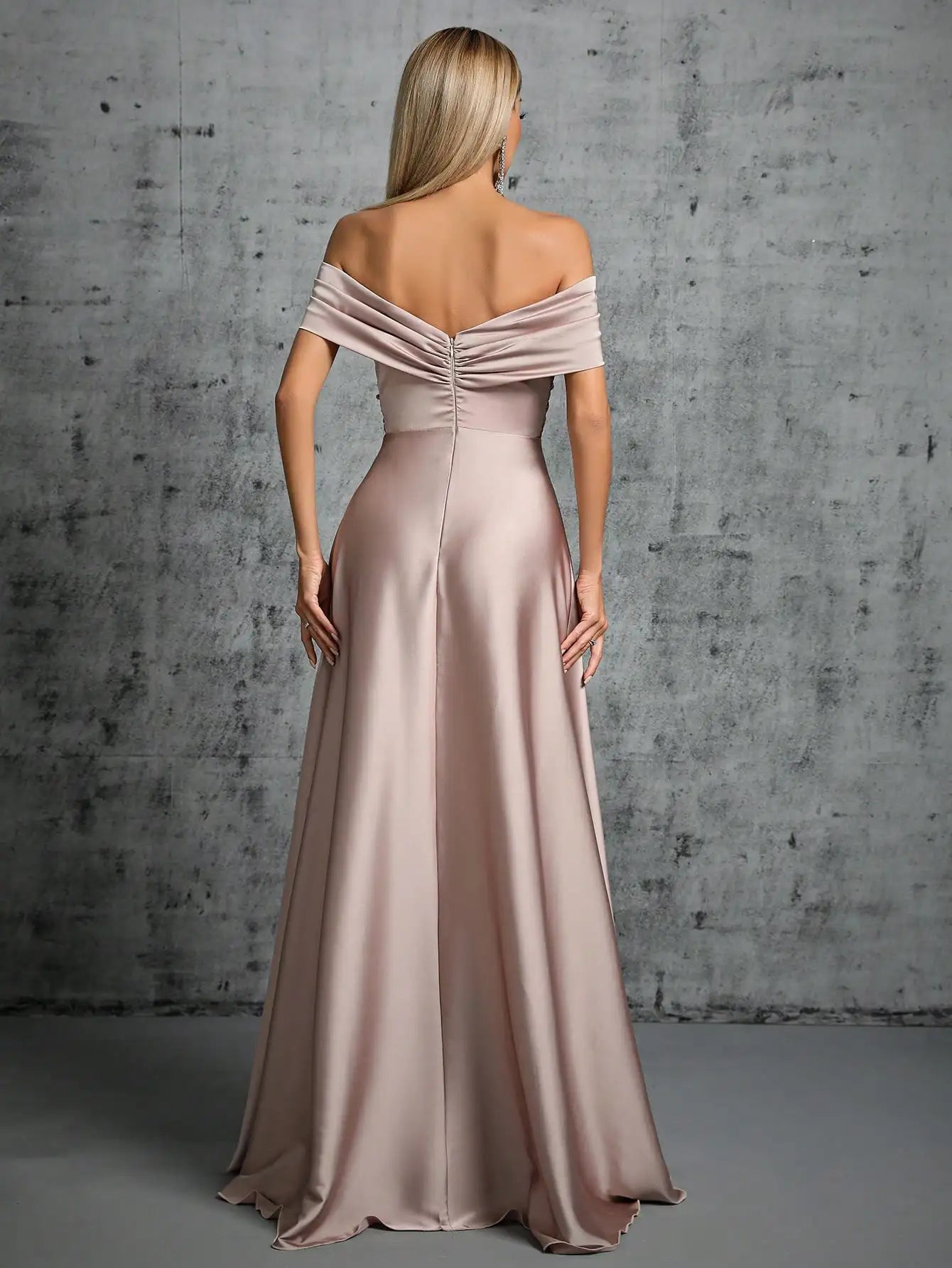 Satin Ball Gown – Irregular Cross Pleated Elegant Evening Dress — detail view