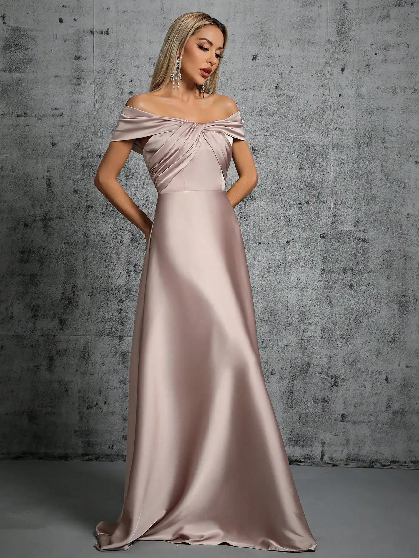 Satin Ball Gown – Irregular Cross Pleated Elegant Evening Dress — model wearing