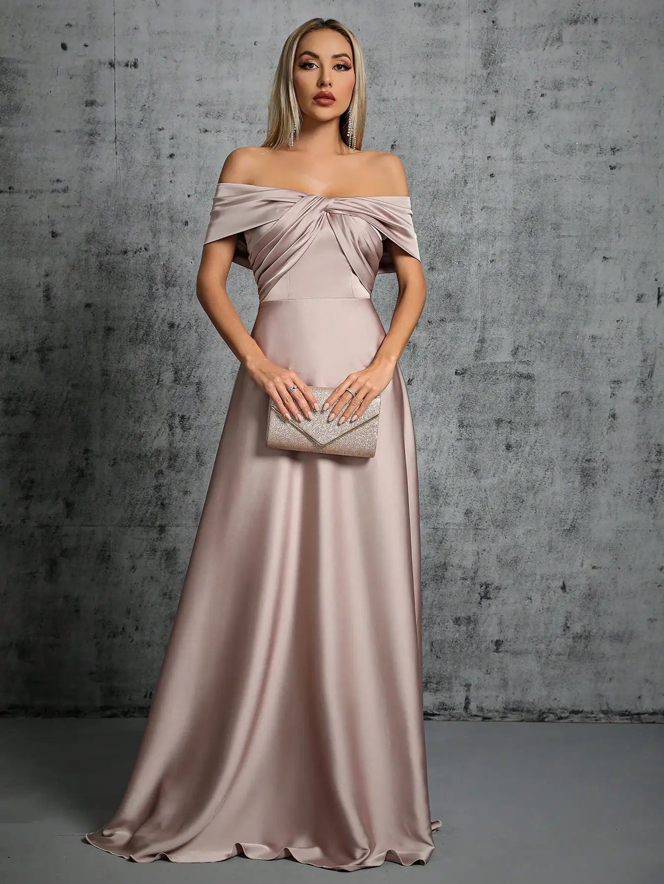 Satin Ball Gown – Irregular Cross Pleated Elegant Evening Dress — side view