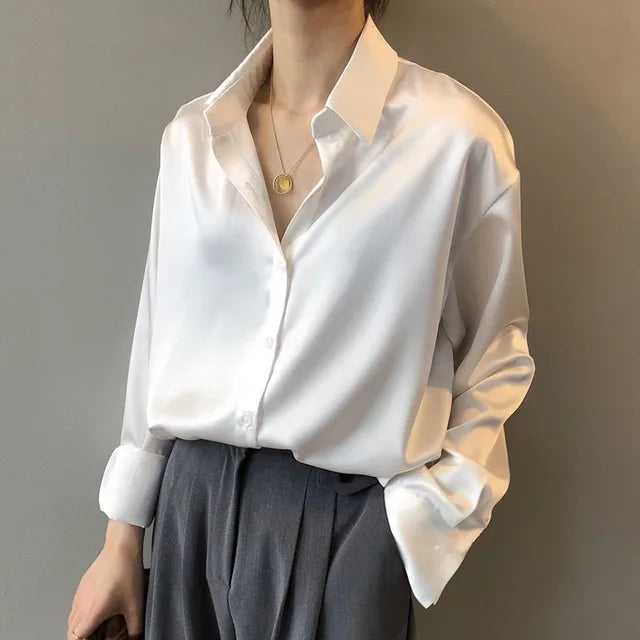 Satin Blouse with Classic Button-Down Tailored Fit — back view