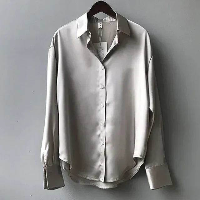 Satin Blouse with Classic Button-Down Tailored Fit — side view