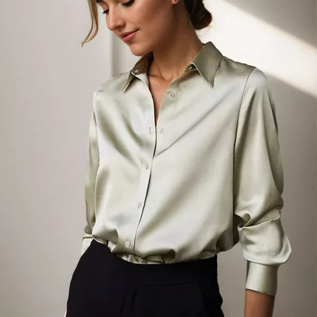Satin Blouse with Classic Button-Down Tailored Fit