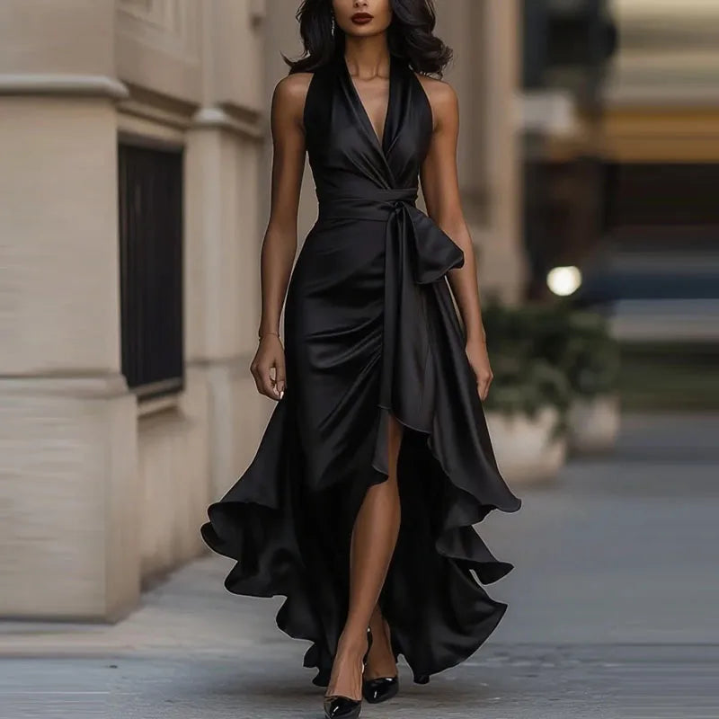 Satin Evening Dress – Elegant Off-Shoulder V-Neck Formal Gown — back view