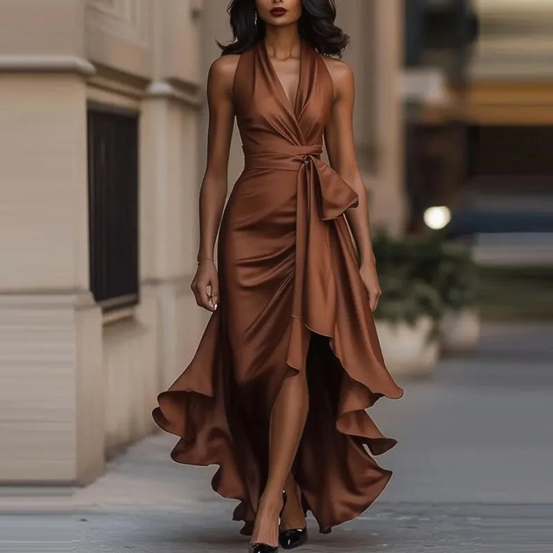 Satin Evening Dress – Elegant Off-Shoulder V-Neck Formal Gown — close-up