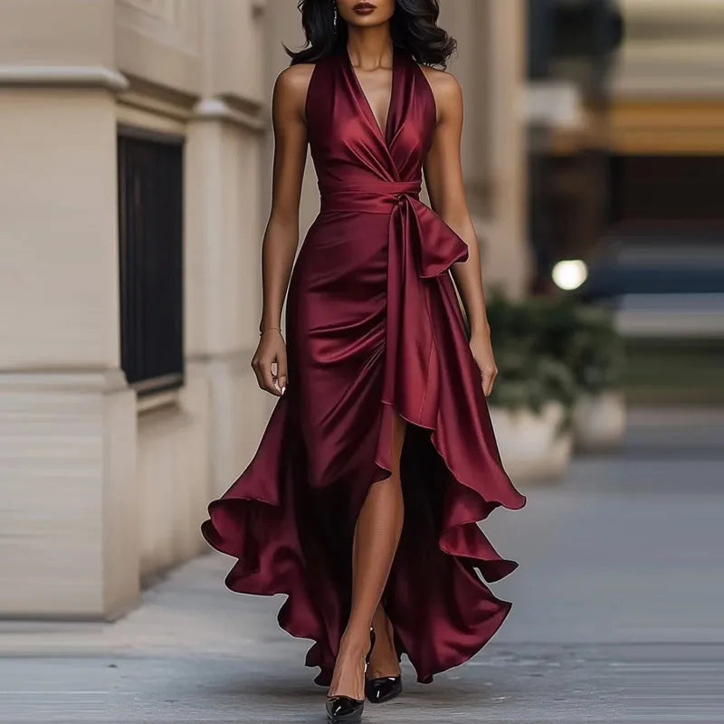Satin Evening Dress – Elegant Off-Shoulder V-Neck Formal Gown — detail view