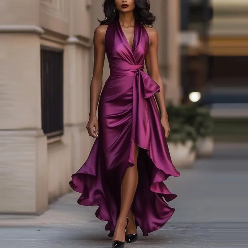 Satin Evening Dress – Elegant Off-Shoulder V-Neck Formal Gown — side view