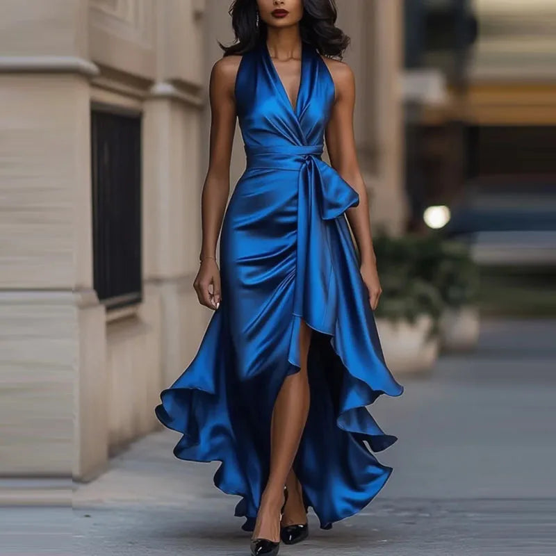 Satin Evening Dress – Elegant Off-Shoulder V-Neck Formal Gown — styling detail