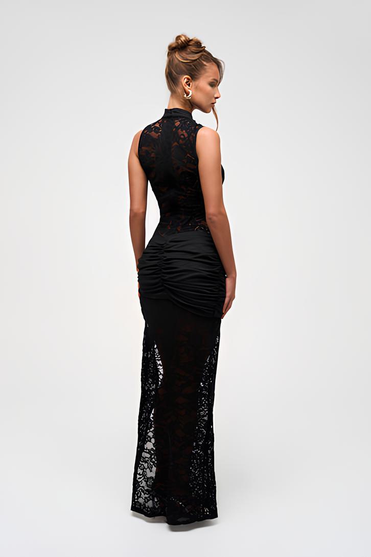 Sculpted Sheer Lace High Neck Front Slit Long Evening Dress